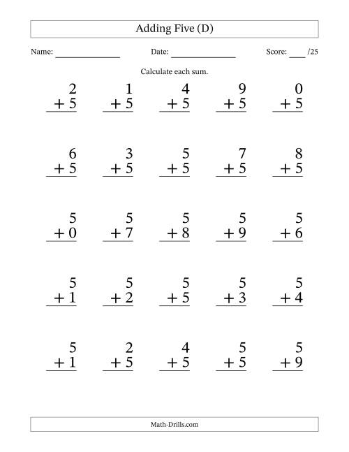 The 25 Adding Fives Questions (D) Math Worksheet