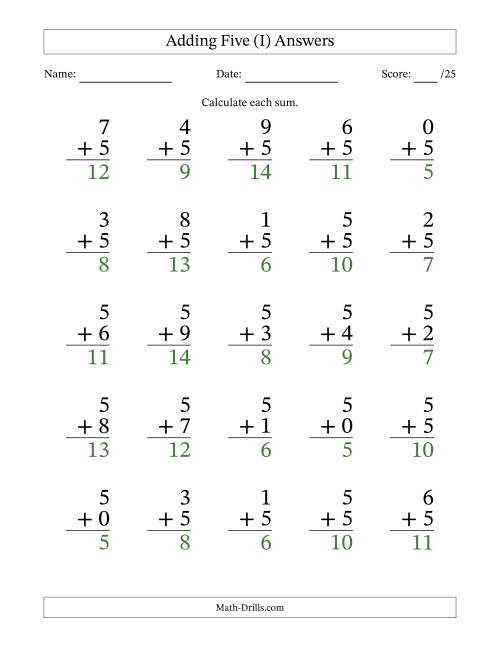 The 25 Adding Fives Questions (I) Math Worksheet Page 2