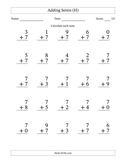 The Adding Seven to Single-Digit Numbers – 25 Large Print Questions (H) Math Worksheet