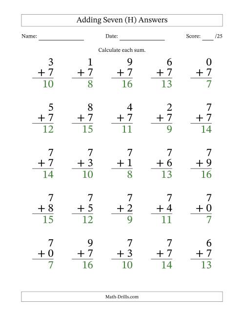The Adding Seven to Single-Digit Numbers – 25 Large Print Questions (H) Math Worksheet Page 2