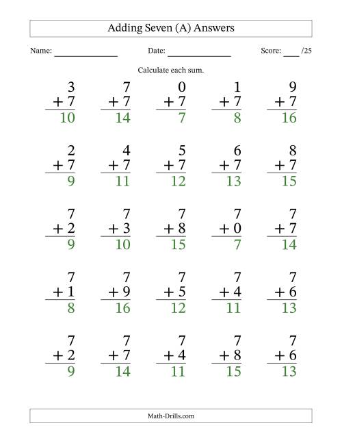 The Adding Seven to Single-Digit Numbers – 25 Large Print Questions (All) Math Worksheet Page 2