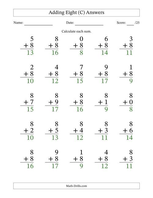 The Adding Eight to Single-Digit Numbers – 25 Large Print Questions (C) Math Worksheet Page 2