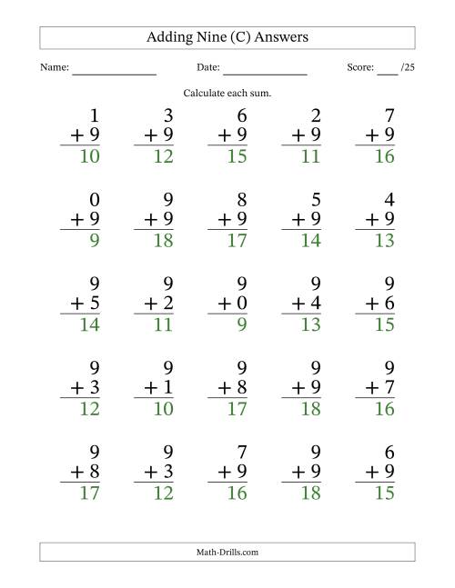 The Adding Nine to Single-Digit Numbers – 25 Large Print Questions (C) Math Worksheet Page 2