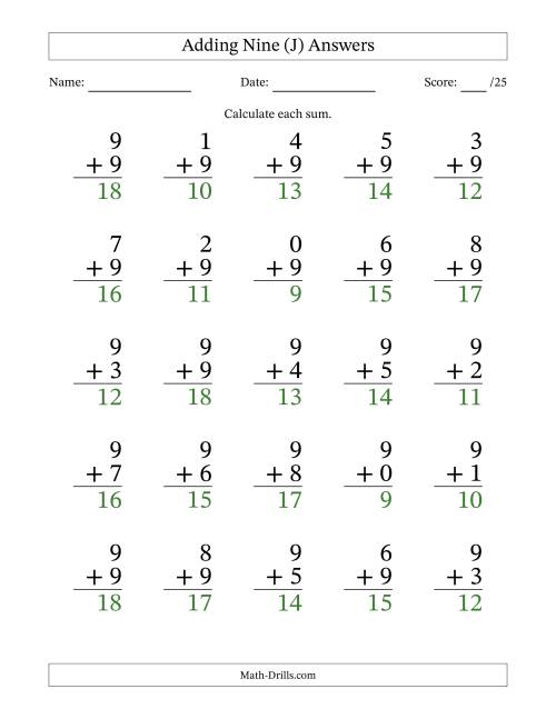 The Adding Nine to Single-Digit Numbers – 25 Large Print Questions (J) Math Worksheet Page 2