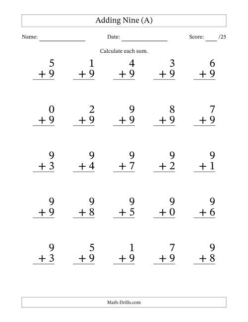 The Adding Nine to Single-Digit Numbers – 25 Large Print Questions (All) Math Worksheet