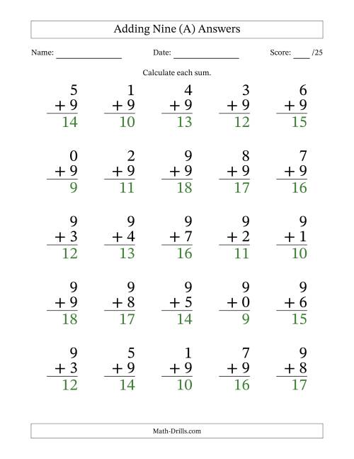 The Adding Nine to Single-Digit Numbers – 25 Large Print Questions (All) Math Worksheet Page 2