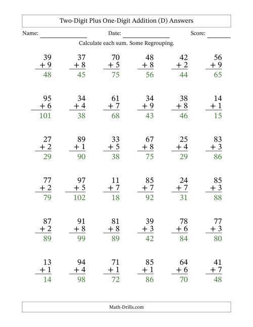 Two-Digit Plus One-Digit Addition -- 36 Questions (D)