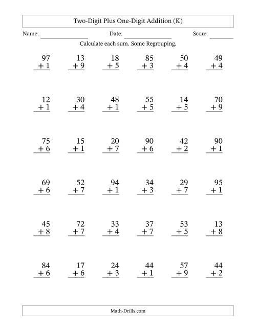 The Two-Digit Plus One-Digit Addition With Some Regrouping – 36 Questions (K) Math Worksheet