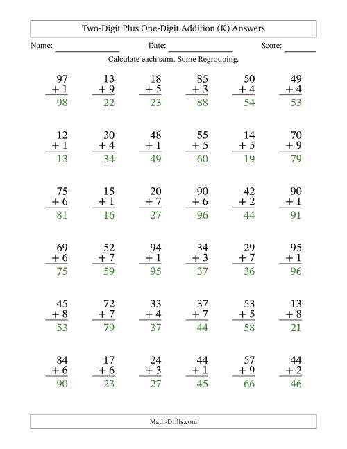 The Two-Digit Plus One-Digit Addition With Some Regrouping – 36 Questions (K) Math Worksheet Page 2