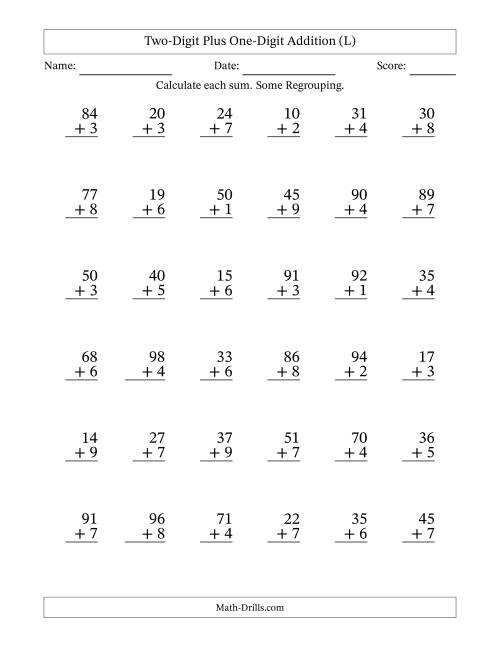 The Two-Digit Plus One-Digit Addition With Some Regrouping – 36 Questions (L) Math Worksheet