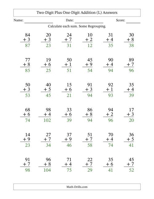 The Two-Digit Plus One-Digit Addition With Some Regrouping – 36 Questions (L) Math Worksheet Page 2