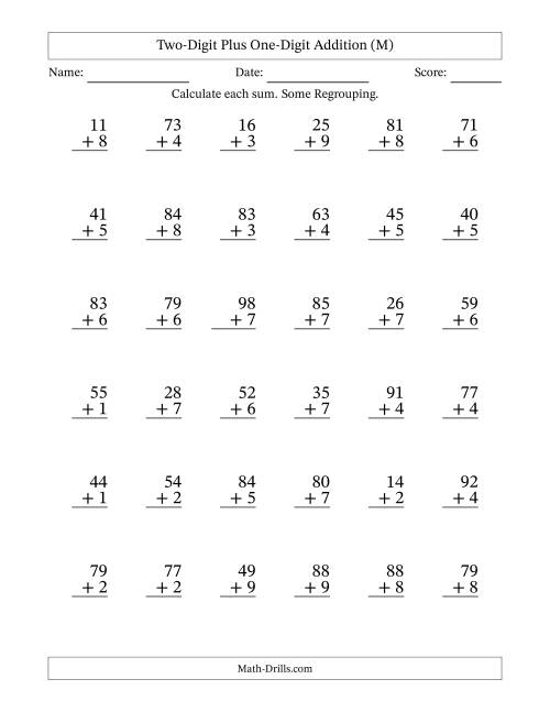 The Two-Digit Plus One-Digit Addition With Some Regrouping – 36 Questions (M) Math Worksheet
