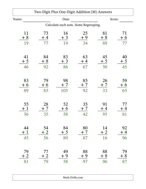 The Two-Digit Plus One-Digit Addition With Some Regrouping – 36 Questions (M) Math Worksheet Page 2