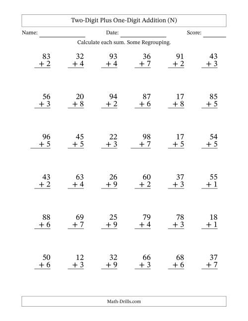 The Two-Digit Plus One-Digit Addition With Some Regrouping – 36 Questions (N) Math Worksheet
