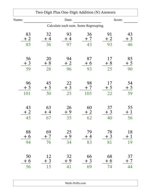 The Two-Digit Plus One-Digit Addition With Some Regrouping – 36 Questions (N) Math Worksheet Page 2
