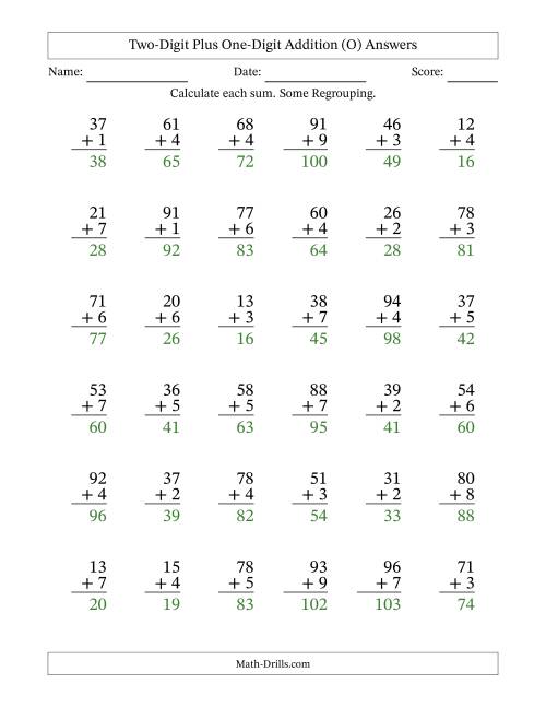 The Two-Digit Plus One-Digit Addition With Some Regrouping – 36 Questions (O) Math Worksheet Page 2