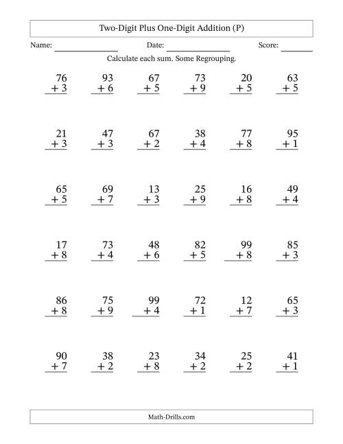 The Two-Digit Plus One-Digit Addition With Some Regrouping – 36 Questions (P) Math Worksheet