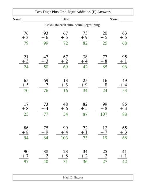 The Two-Digit Plus One-Digit Addition With Some Regrouping – 36 Questions (P) Math Worksheet Page 2