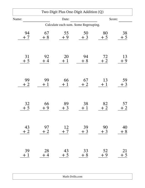 The Two-Digit Plus One-Digit Addition With Some Regrouping – 36 Questions (Q) Math Worksheet