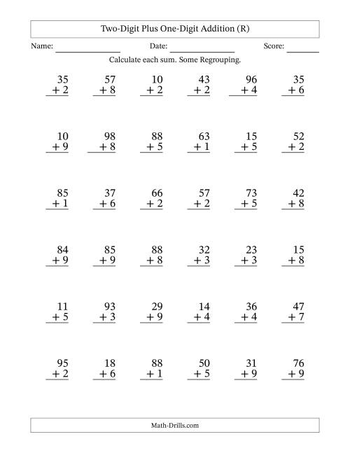The Two-Digit Plus One-Digit Addition With Some Regrouping – 36 Questions (R) Math Worksheet