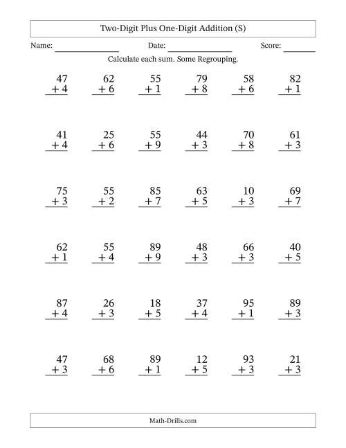 The Two-Digit Plus One-Digit Addition With Some Regrouping – 36 Questions (S) Math Worksheet