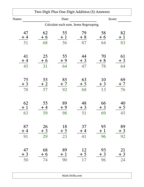 The Two-Digit Plus One-Digit Addition With Some Regrouping – 36 Questions (S) Math Worksheet Page 2