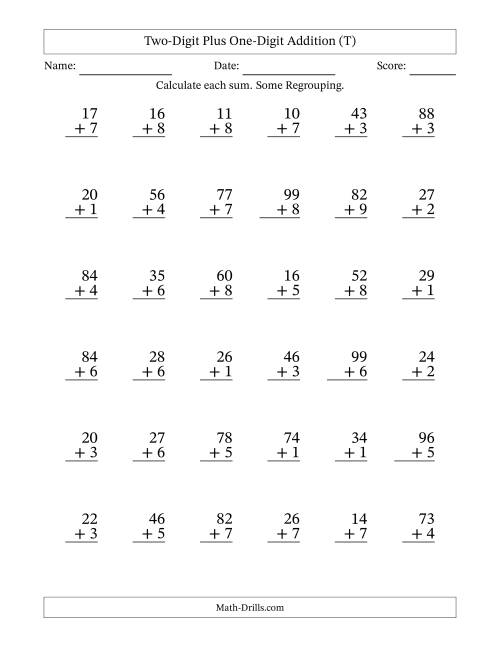 The Two-Digit Plus One-Digit Addition With Some Regrouping – 36 Questions (T) Math Worksheet