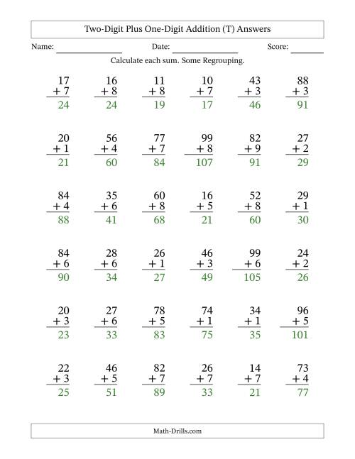 The Two-Digit Plus One-Digit Addition With Some Regrouping – 36 Questions (T) Math Worksheet Page 2
