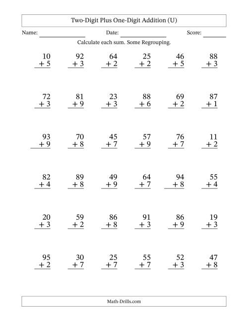 The Two-Digit Plus One-Digit Addition With Some Regrouping – 36 Questions (U) Math Worksheet