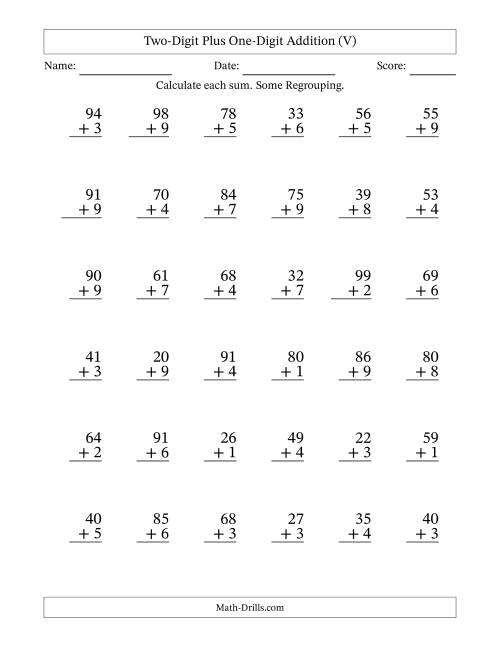 The Two-Digit Plus One-Digit Addition With Some Regrouping – 36 Questions (V) Math Worksheet