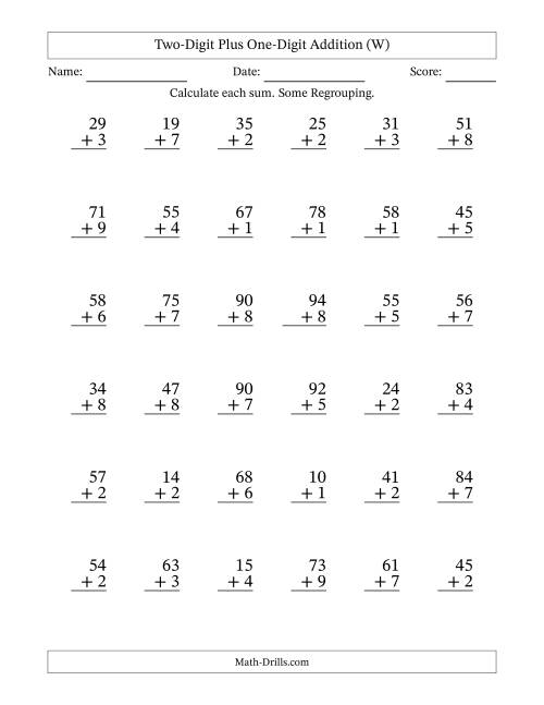 The Two-Digit Plus One-Digit Addition With Some Regrouping – 36 Questions (W) Math Worksheet