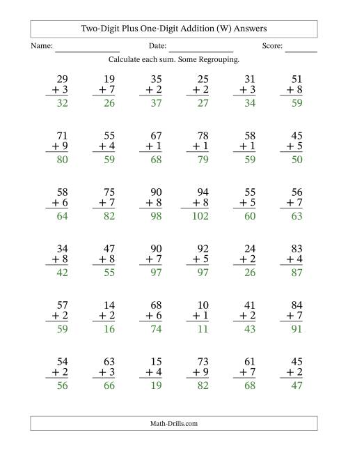 The Two-Digit Plus One-Digit Addition With Some Regrouping – 36 Questions (W) Math Worksheet Page 2