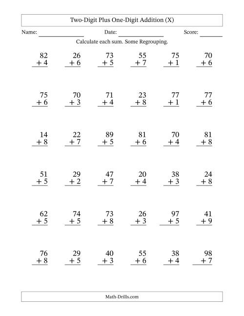 The Two-Digit Plus One-Digit Addition With Some Regrouping – 36 Questions (X) Math Worksheet
