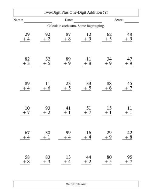 The Two-Digit Plus One-Digit Addition With Some Regrouping – 36 Questions (Y) Math Worksheet
