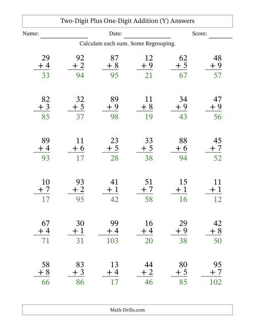 The Two-Digit Plus One-Digit Addition With Some Regrouping – 36 Questions (Y) Math Worksheet Page 2