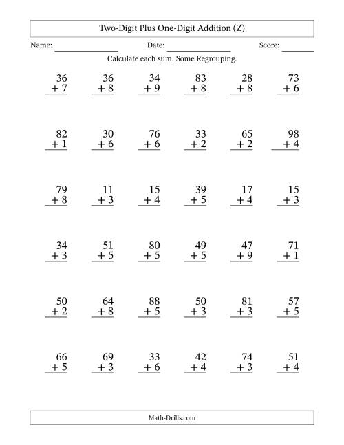 The Two-Digit Plus One-Digit Addition With Some Regrouping – 36 Questions (Z) Math Worksheet