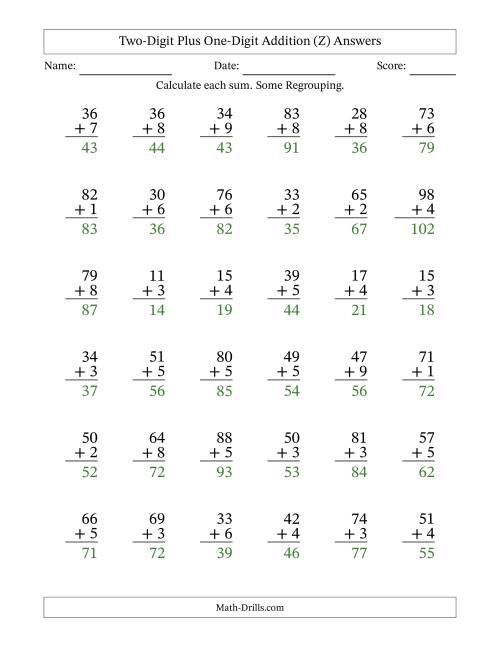The Two-Digit Plus One-Digit Addition With Some Regrouping – 36 Questions (Z) Math Worksheet Page 2