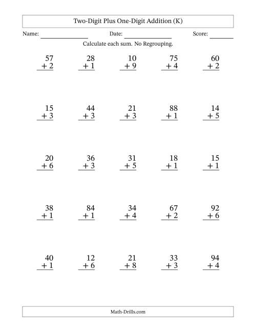 The Two-Digit Plus One-Digit Addition With No Regrouping – 25 Questions (K) Math Worksheet