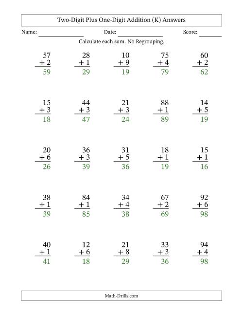 The Two-Digit Plus One-Digit Addition With No Regrouping – 25 Questions (K) Math Worksheet Page 2