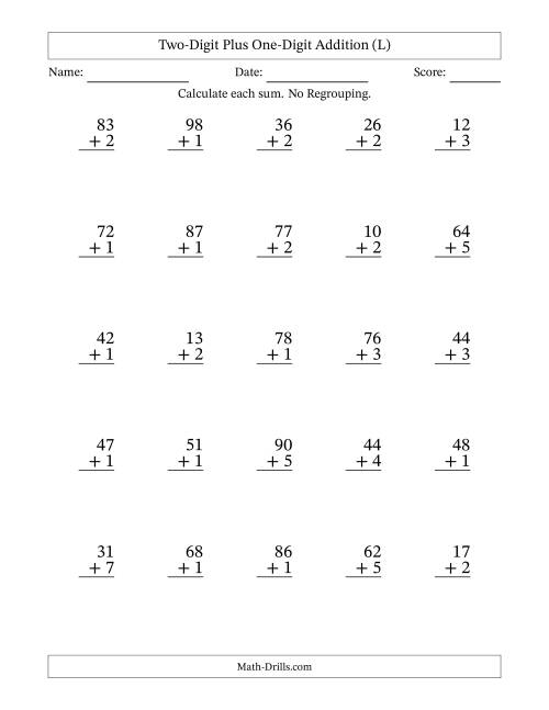 The Two-Digit Plus One-Digit Addition With No Regrouping – 25 Questions (L) Math Worksheet