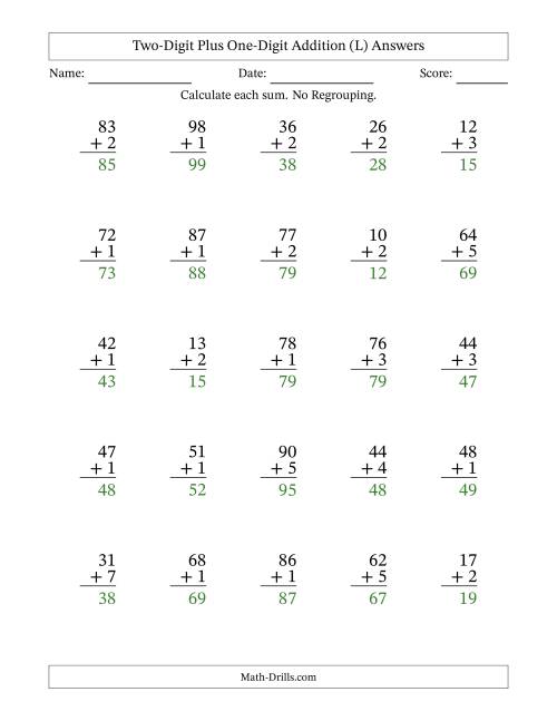 The Two-Digit Plus One-Digit Addition With No Regrouping – 25 Questions (L) Math Worksheet Page 2