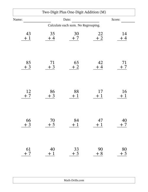 The Two-Digit Plus One-Digit Addition With No Regrouping – 25 Questions (M) Math Worksheet
