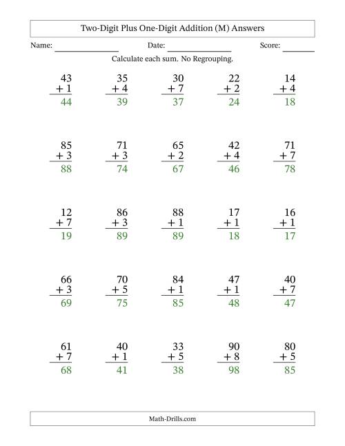 The Two-Digit Plus One-Digit Addition With No Regrouping – 25 Questions (M) Math Worksheet Page 2