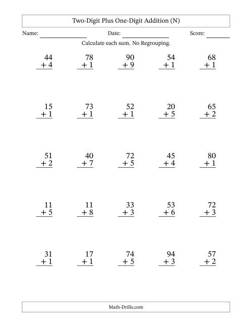 The Two-Digit Plus One-Digit Addition With No Regrouping – 25 Questions (N) Math Worksheet