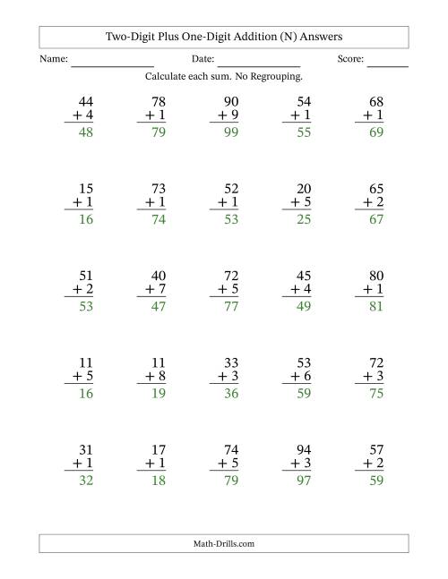 The Two-Digit Plus One-Digit Addition With No Regrouping – 25 Questions (N) Math Worksheet Page 2