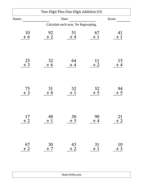The Two-Digit Plus One-Digit Addition With No Regrouping – 25 Questions (O) Math Worksheet
