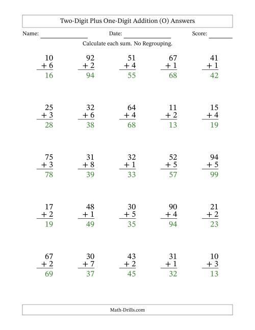 The Two-Digit Plus One-Digit Addition With No Regrouping – 25 Questions (O) Math Worksheet Page 2