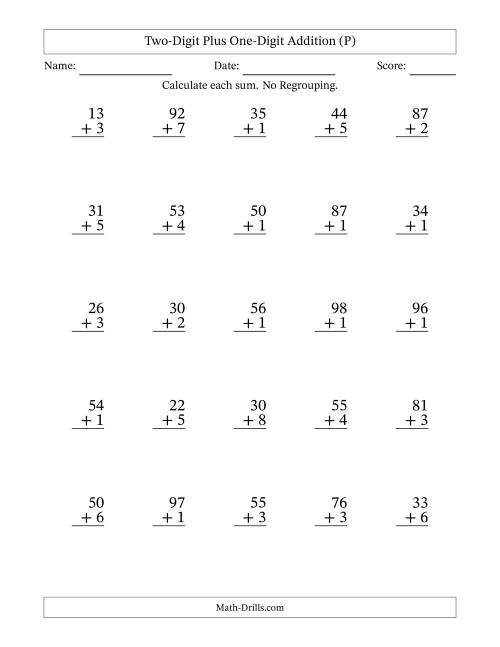 The Two-Digit Plus One-Digit Addition With No Regrouping – 25 Questions (P) Math Worksheet