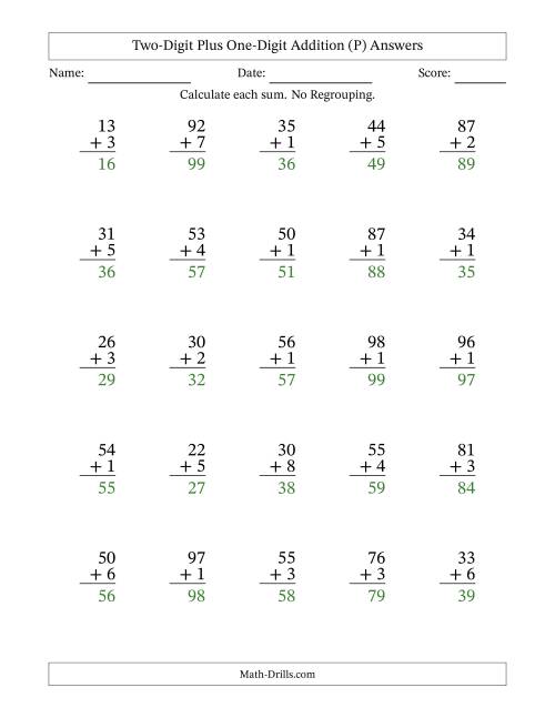 The Two-Digit Plus One-Digit Addition With No Regrouping – 25 Questions (P) Math Worksheet Page 2