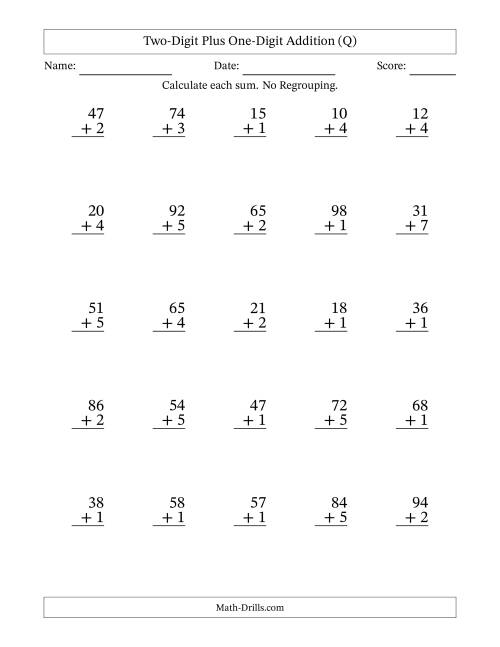 The Two-Digit Plus One-Digit Addition With No Regrouping – 25 Questions (Q) Math Worksheet